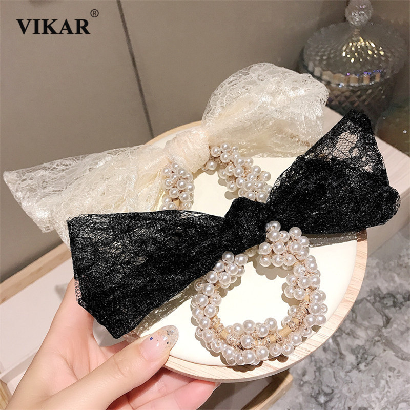 VIKAR Vintage Women Lace Bow Pearls Headwear Girls Hair Scrunchies Hair Ties Horsetail Ties Head Wrap Luxury Hair Accessories