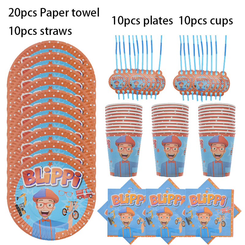 Blippi Disposable tableware set Paper Cups Plates napkins Straw Kids Happy Birthday Party Decoration baby shower Party Supplies