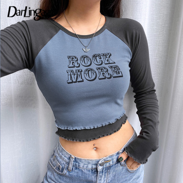 Darlingaga Streetwear Letter Printed Long Sleeve Woman Tshirts Patchwork Bodycon Crop Top Tee Contrast Color Autumn T shirt Cute