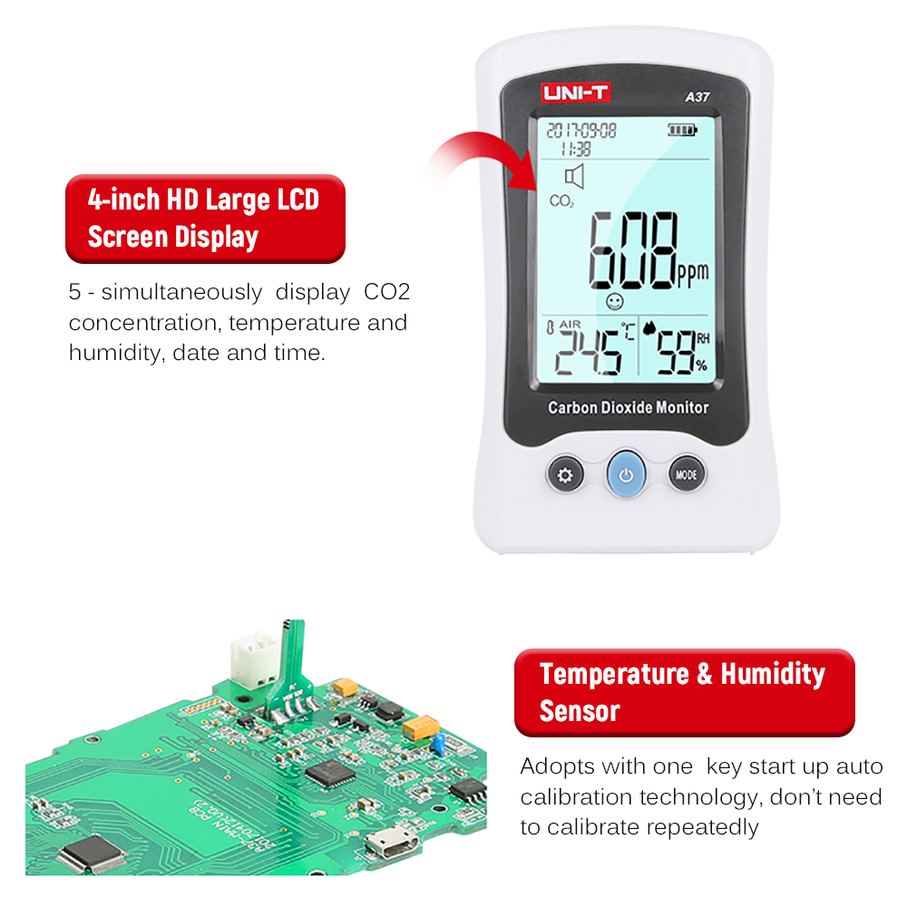 UNI-T A37 Carbon Dioxide Monitor CO2 Meter Rechargeable Battery High Accuracy Air Quality Monitor for Gas Analyzer