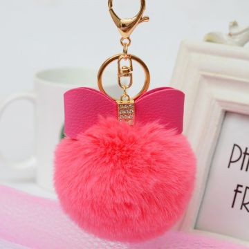 Cute Bowknot Pendent Rabbit Fur Pom Pom Keychain Bulk Fluffy Key Chain Plush Crystal Leather Car Keyring Porte Clef Llaveros