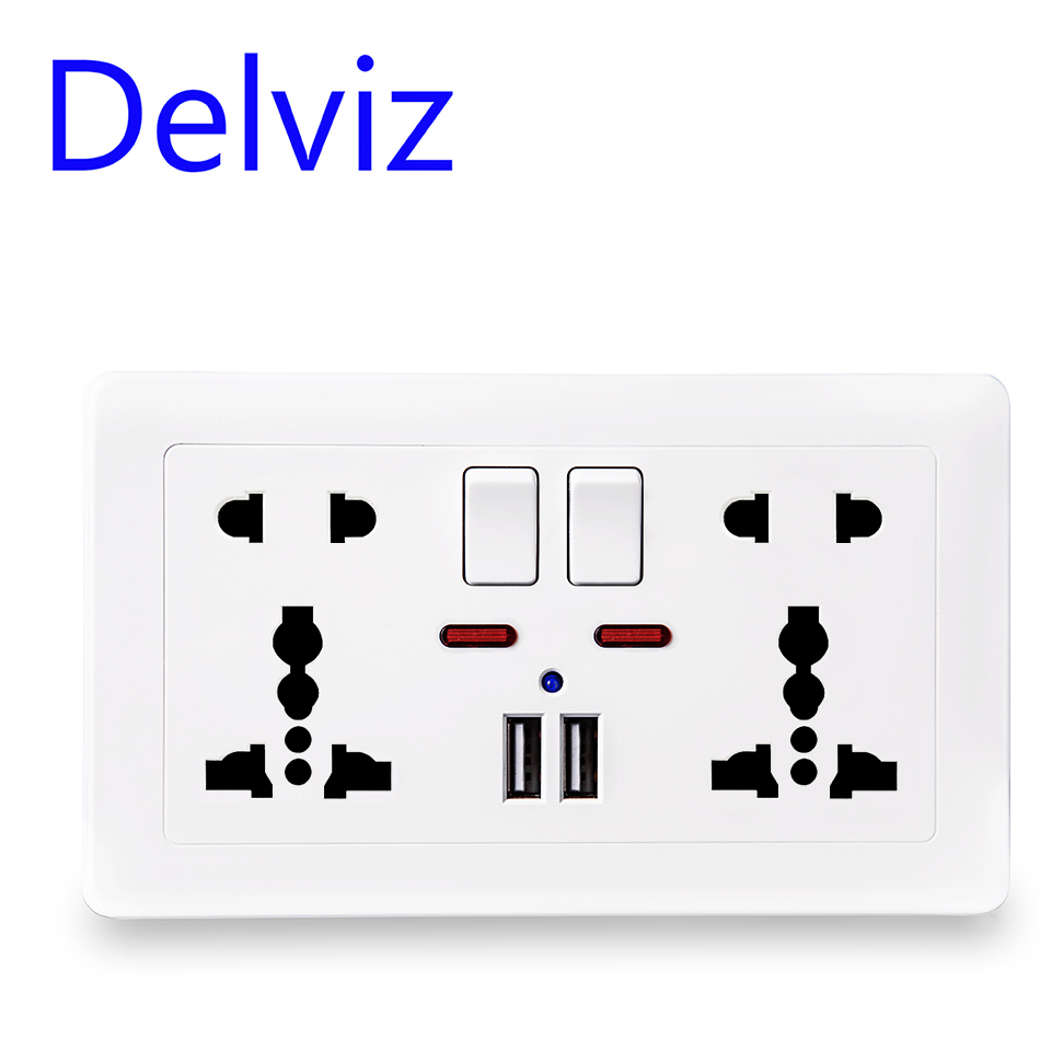 Delviz EU Standard Usb Socket, Gray Embedded Panel,2.1A Dual USB Port, AC 110-250V, UK Wall Power Socket Universal 5 Hole Outlet