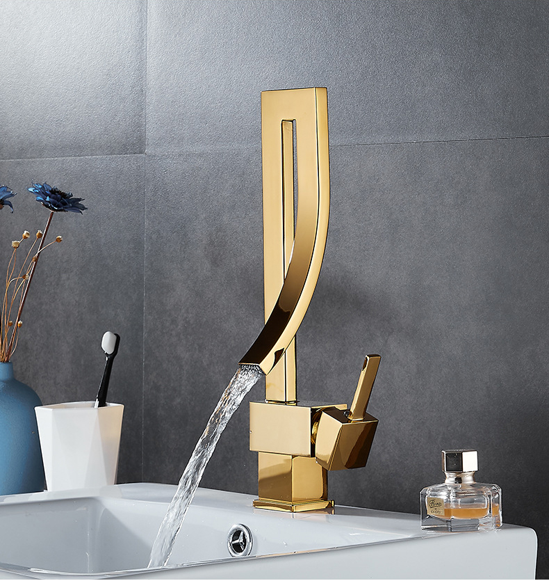 Deck Mount Brass Gold Plated Creative Design Bathroom Sink Mixer Tap Waterfall Lavatory Golden Basin Faucet G1101