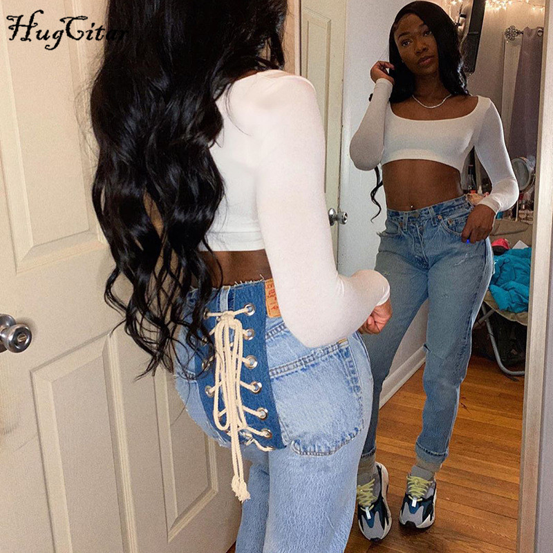 Hugcitar 2020 High Waits Bandage Sexy Jeans Autumn Winter Women Fashion Streetwear Outfits Trousers