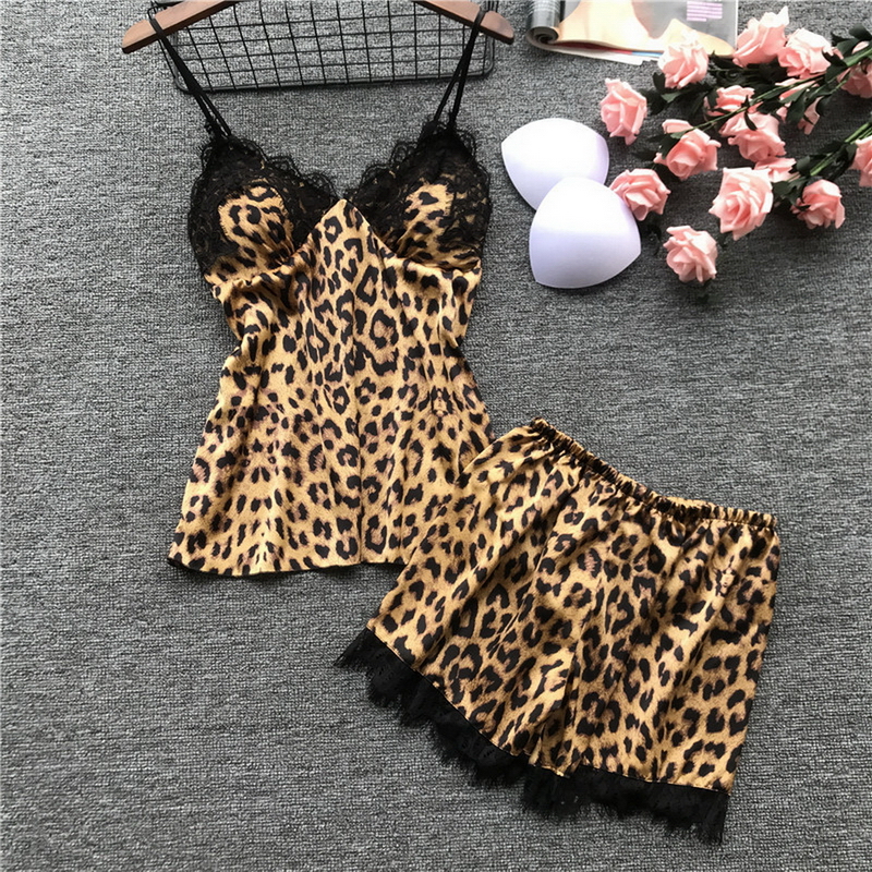 Sexy Lace Spaghetti Strap Satin Pajamas Sets Women Leopard Sleepwear Silk Home Wear Pijama Sleep Lounge Pyjama Nightwear