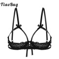 Women Erotic Open Cups Bra See Through Sheer Lace Sexy Lingerie Ribbons Tie-up Adjustable Straps Underwired Transparent Bra Tops