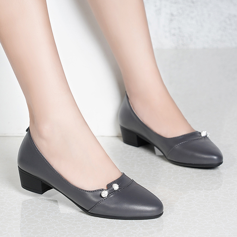 Women Pumps Grey Boat Shoes Pu Leather Dress Shoes Medium Heels Office Shoes Rhinestone Slip on Shoes zapatos mujer N7793
