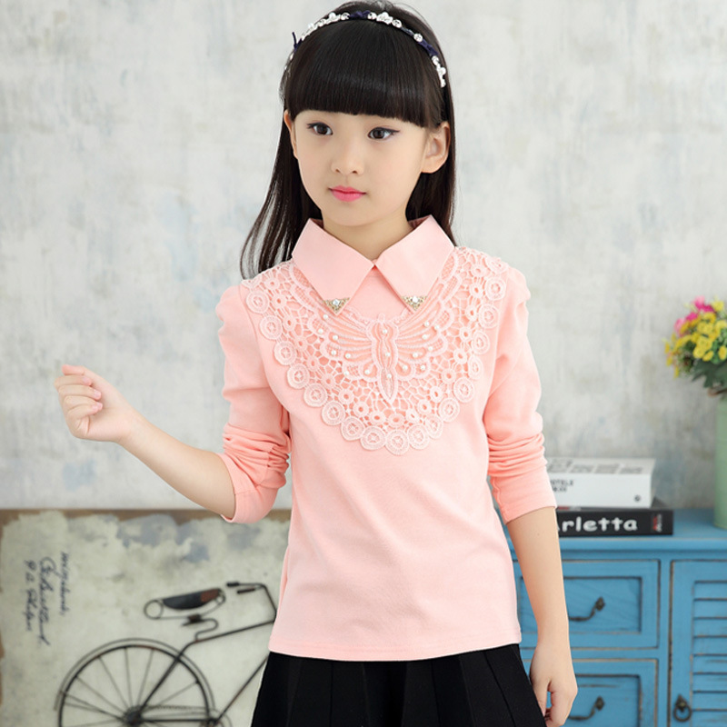 School Girls Beautiful Blouse Shirts New Autumn Fashion Kids Solid Turn-Down Lace Flower Blouses High Quality Children Cotton