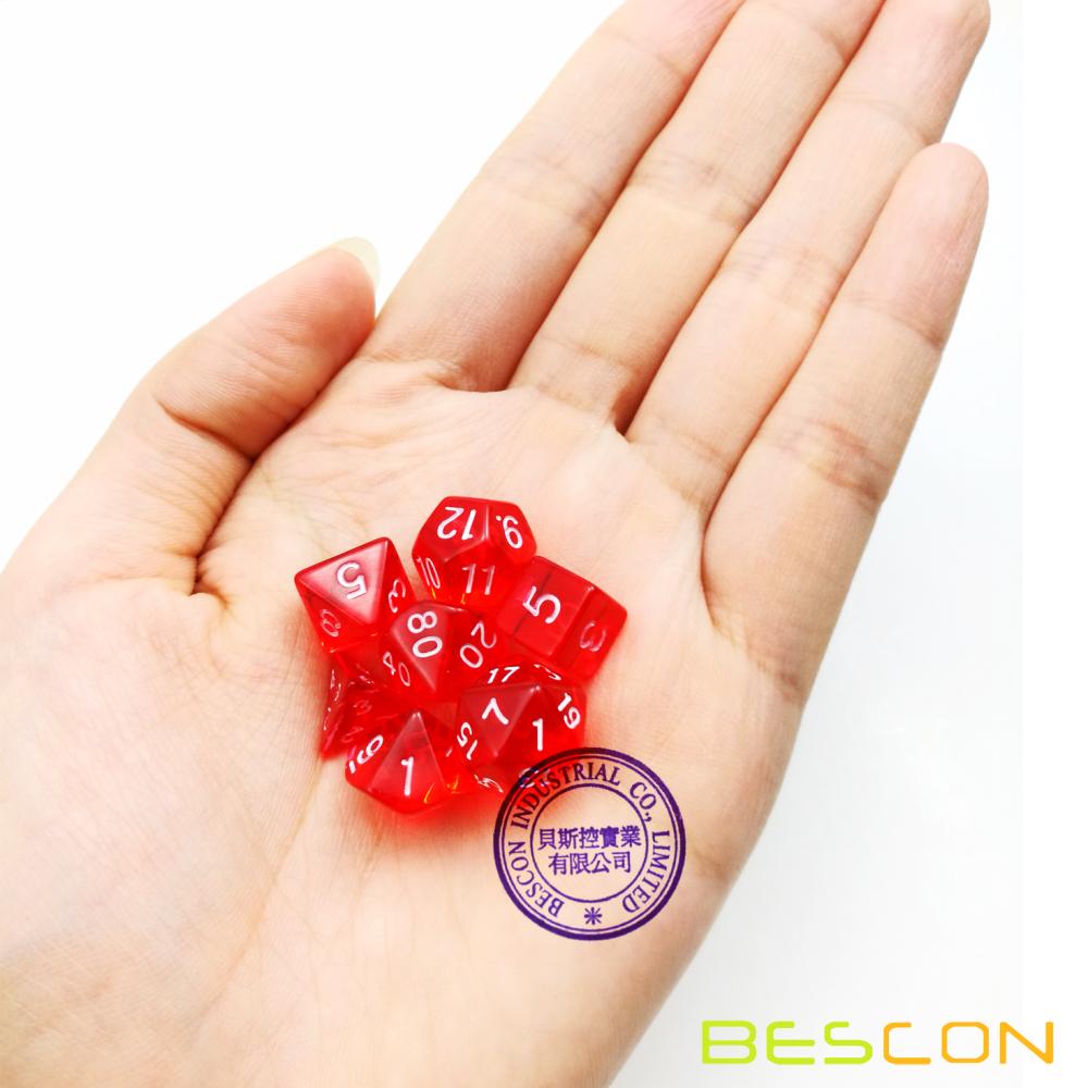 Bescon Mini Translucent Polyhedral RPG Dice Set 10MM, Small RPG Role Playing Game Dice Set D4-D20 in Tube, Transparent Red