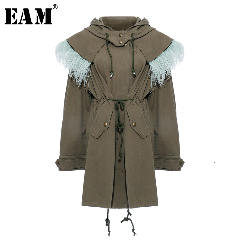 [EAM] Loose Fit Cotton-padded Split Two Piece Jacket New Fur Hooded Long Sleeve Women Coat Fashion Tide Spring Autumn 2021 1K923