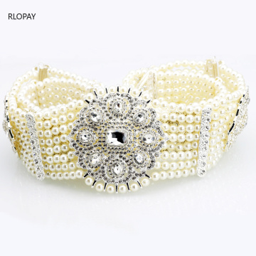 Handmade Pearls Bridal Belt Sash Silver Metal Flower Belt Buckle Rhinestone Sash Arab Luxury Long Wedding Belts