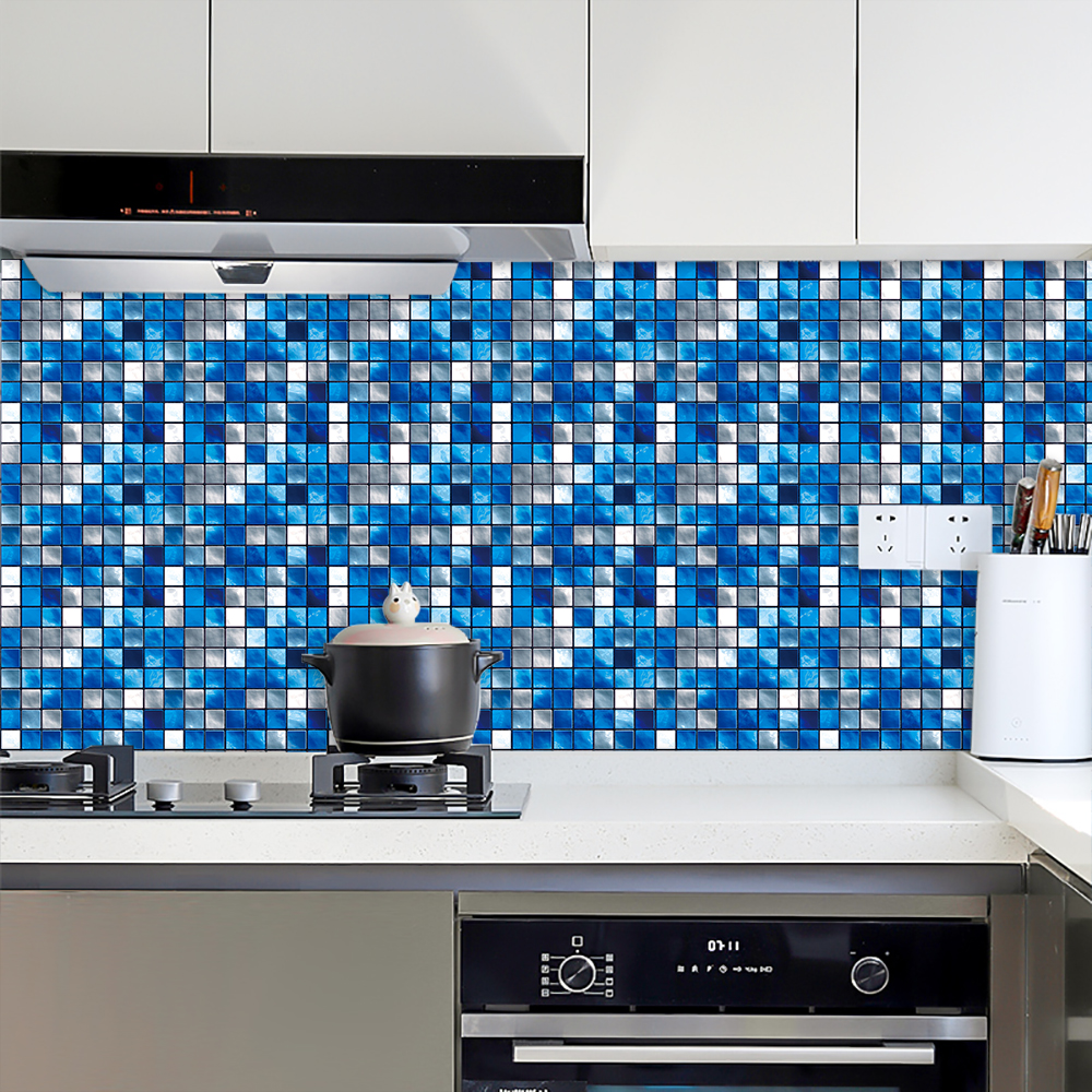 10pcs/set Flat Blue Marble Mosaic Hard Tile Wall Sticker Printed in 2d For Kitchen Cupboard Home Decor Peel & Stick Art Mural