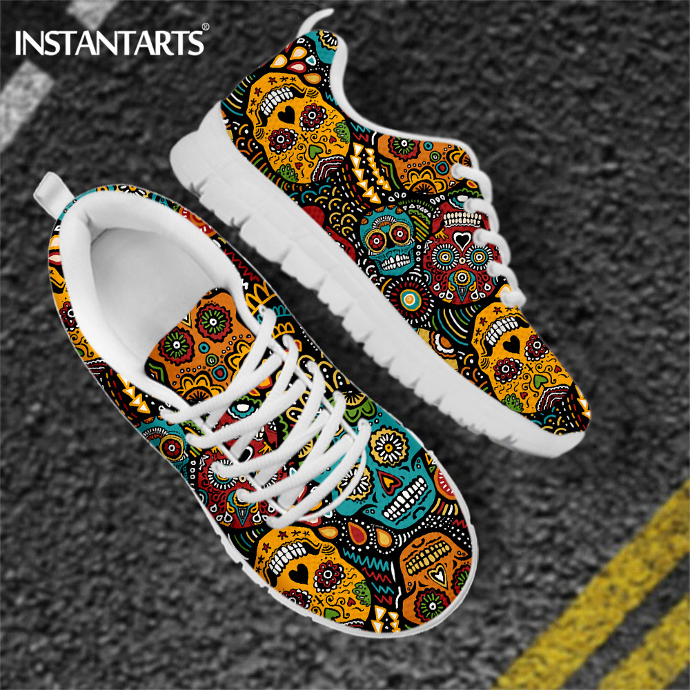 INSTANTARTS Brand Design Sugar Skull Floral Flats Sneaker Shoes for Women's Vintage Gothis Footwear Light Weight Female Sneakers