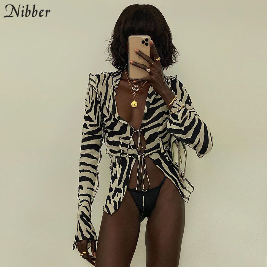Nibber sexy deep V-neck Lace up beach club Tops Women Mesh See Through Long Sleeve Solid T Shirts Fashion Ruffles tee mujer