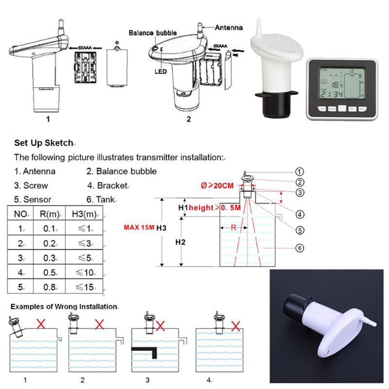 Ultrasonic Water Tank Level Meter Temperature Sensor Low battery Liquid Depth Indicator Time Alarm Transmitter Measuring