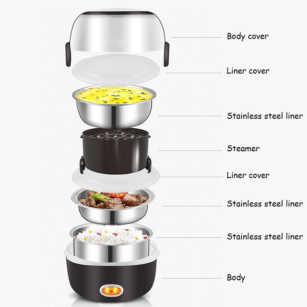 Portable Electric Rice Cooker Lunch Box 2/3Layers Available Food Steamer Stainless Steel Portable Meal Thermal Heating Lunch Box