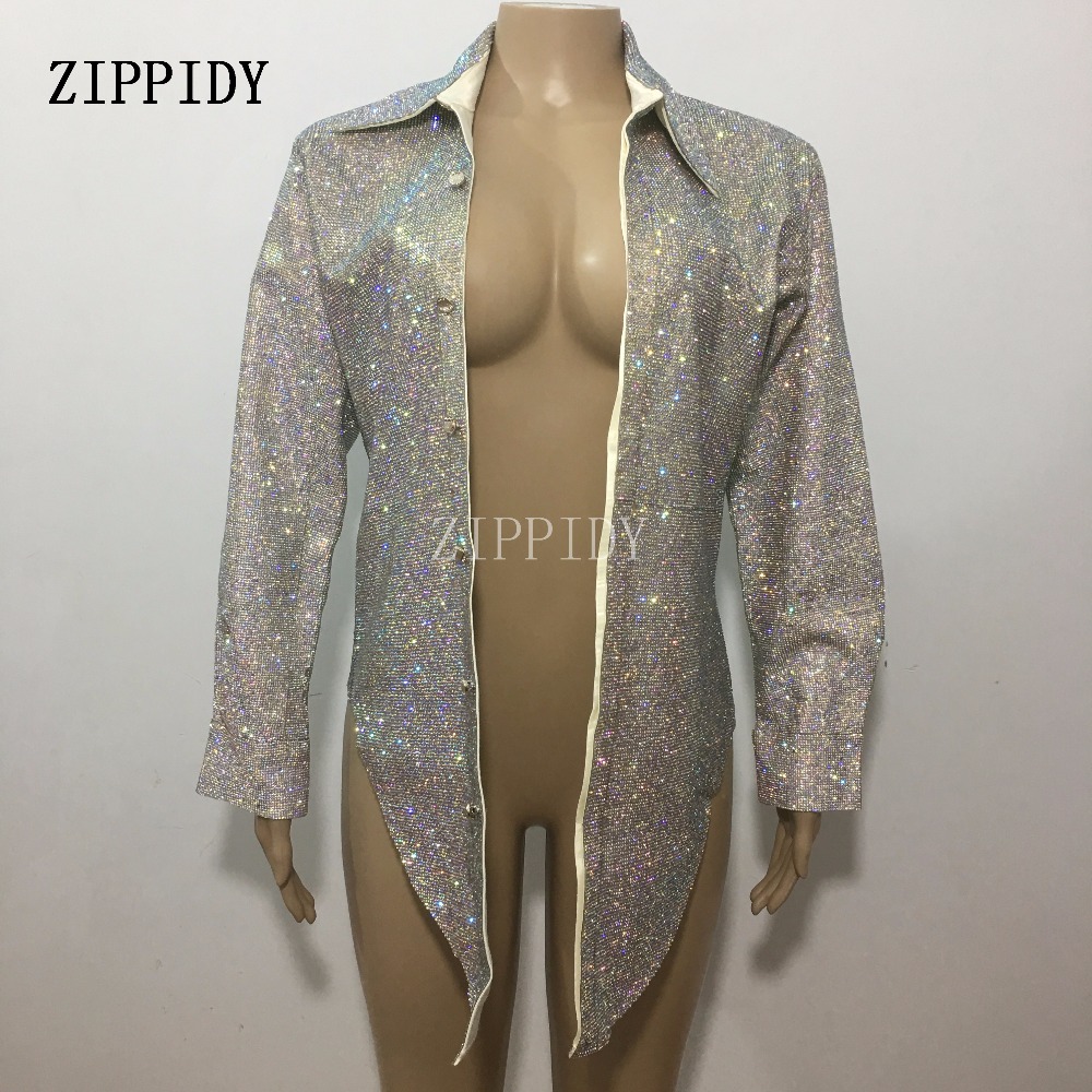 Sparkly AB Crystals Shirt Sexy Evening Jacket Luxury Party Dress Glisten Rhinestones Costume Super Design Stage Performance Wear