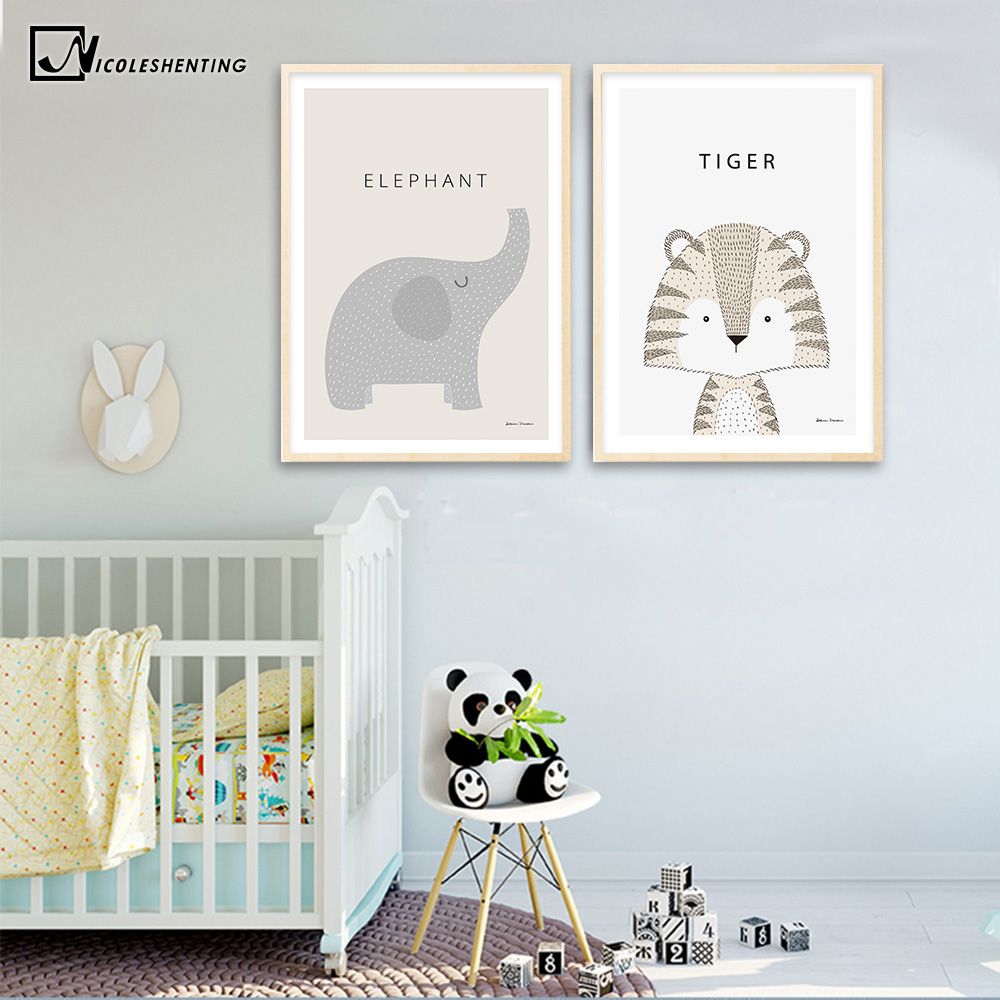 Kawaii Cartoon Rabbit Tiger Giraffe Animal Posters and Prints Canvas Art Painting Wall Art Nursery Picture Baby Room Decoration