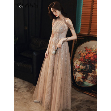 Sexy Halter Prom Dresses Long 2020 A-line Floor-length Tulle Dresses Woman Party Night Sparkly Sequin Evening Gown With Beading