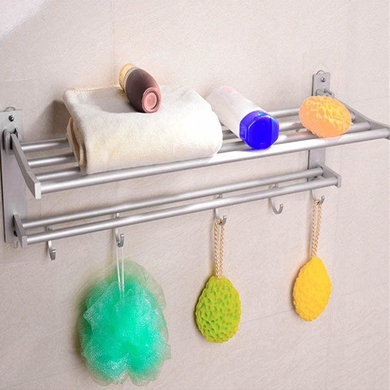 40/50/60cm Space Aluminum Double Towel Rack With 5 Hooks Foldable Towel Kitchen Bathroom Shelves WWO66