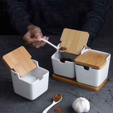 Ceramic seasoning jar household creative bamboo and wood lid seasoning jar three-piece suit kitchen supplies seasoning box