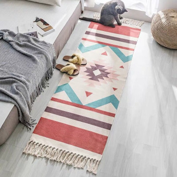 Best Retro Bohemian Hand Woven Cotton Linen Carpet Tassel Bedside Rug Geometric Floor Mat Long Carpet Rug Living Room Home Decor