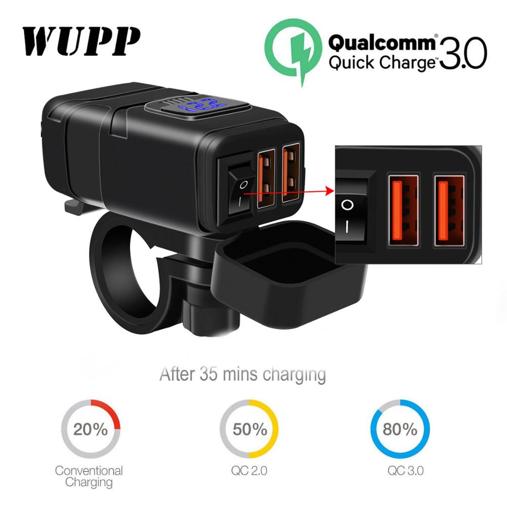 WUPP Motorcycle Vehicle-mounted Charger Waterproof USB Adapter 12V Phone Dual Quick Charge 3.0 Voltmeter Switch Moto Accessory