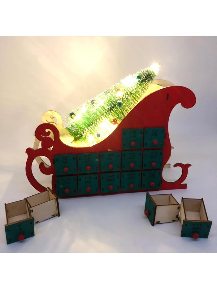 Christmas Sleigh Tree Wooden Advent Calendar Countdown Xmas Party Decor 24 Drawers with LED Light Ornament 19QB