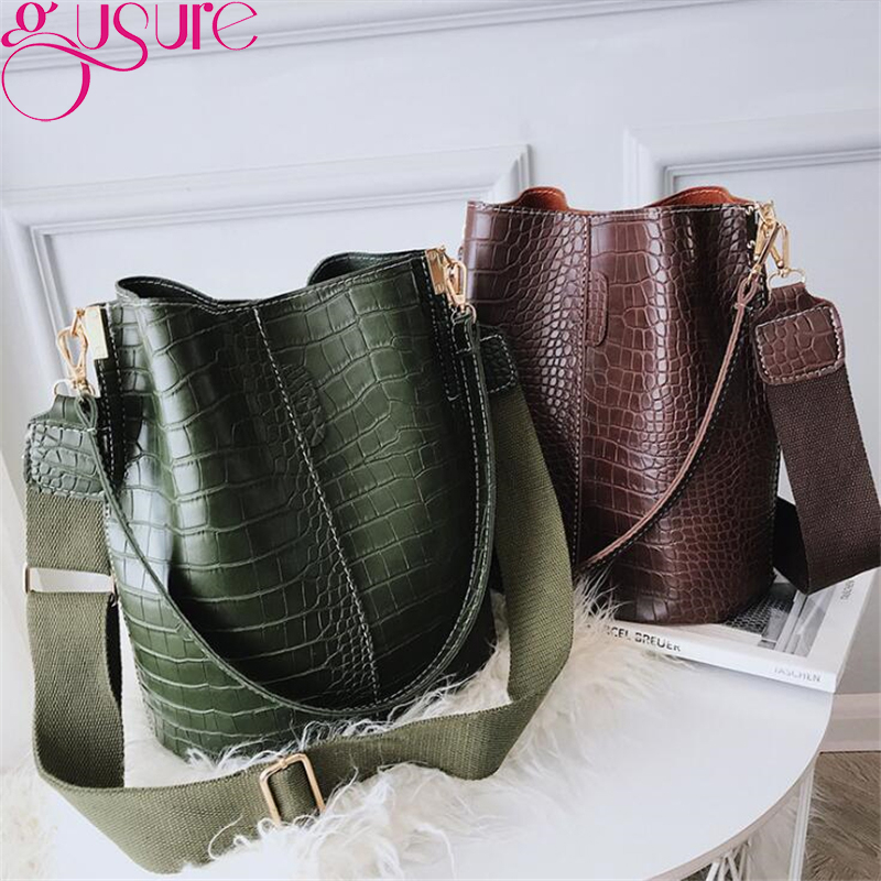 Gusure Retro Bucket Bags Women Pattern Handbag High Capacity Casual Crocodile Shoulder Messenger Bags Ladies PU Purse