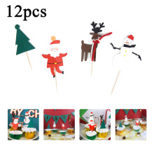 12pcs Merry Christmas Cake Topper Cartoon Santa Claus Elk Snow Man Xmas Tree Paper Cupcake Toppers Cake Decorative Topper Picks