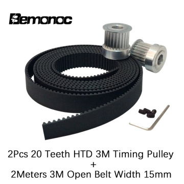 BEMONOC 2Pcs 20 Teeth HTD 3M Timing Pulley & 2Meters 3M Open Ended Polyurethane PU Timing Belt Width 15mm for CNC Machines