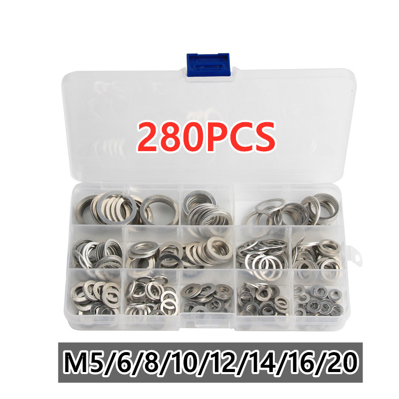 200Pcs/Set Aluminum Flat Washer Gasket Set Flat Ring Seal Kit Set 9 Sizes M5/M6/M8/M10/M12/M14 with Box