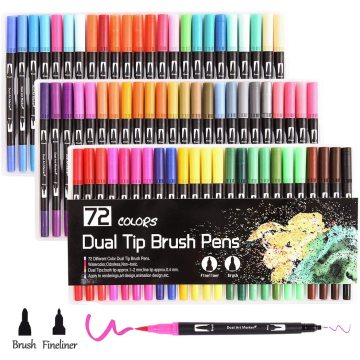 Dual Tip Brush Pens, 72-Colors Brush Fineliner Pens Colouring Pens Brush Tip Art Markers for Kids and Adults Colouring