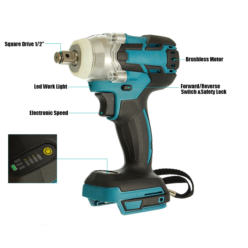 18V 520Nm Electric Brushless Impact Wrench Rechargeable 1/2 Socket Cordless Wrench Power Tool For Makita Battery DTW285Z