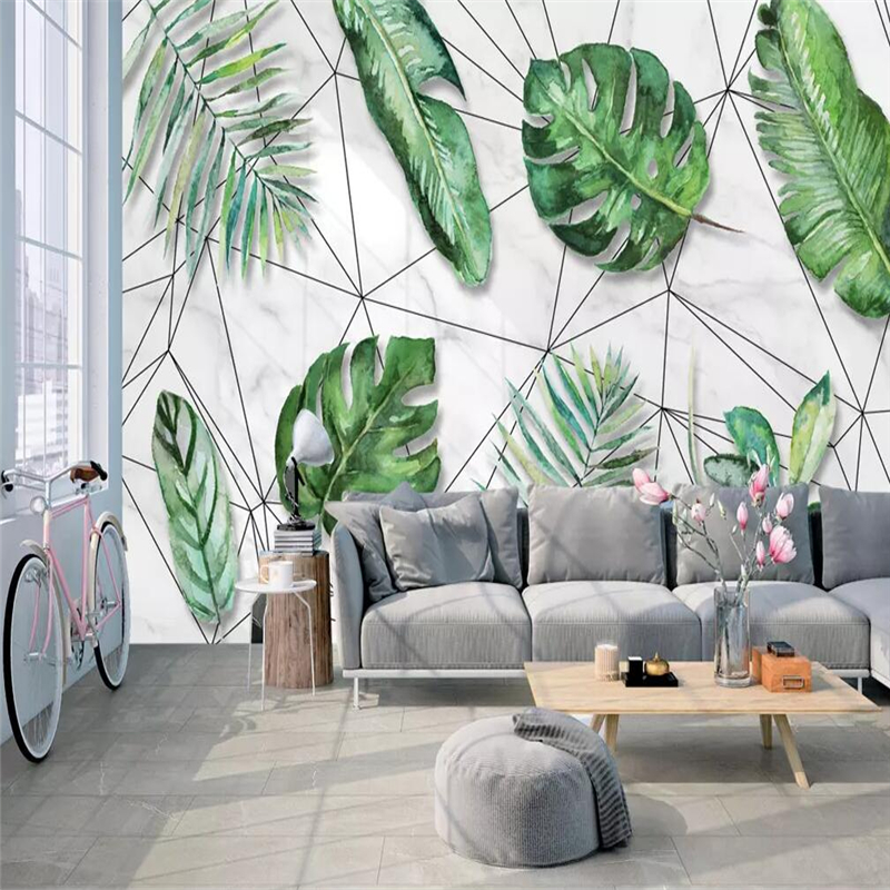 Decorative wallpaper series Nordic style of small fresh tropical rainforest banana leaf geometric line background wall