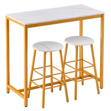 [107 x 47 x 92]cm PVC Marble Simple Bar Table Round Bar Stool Golden Paint One Table and Two Stools White