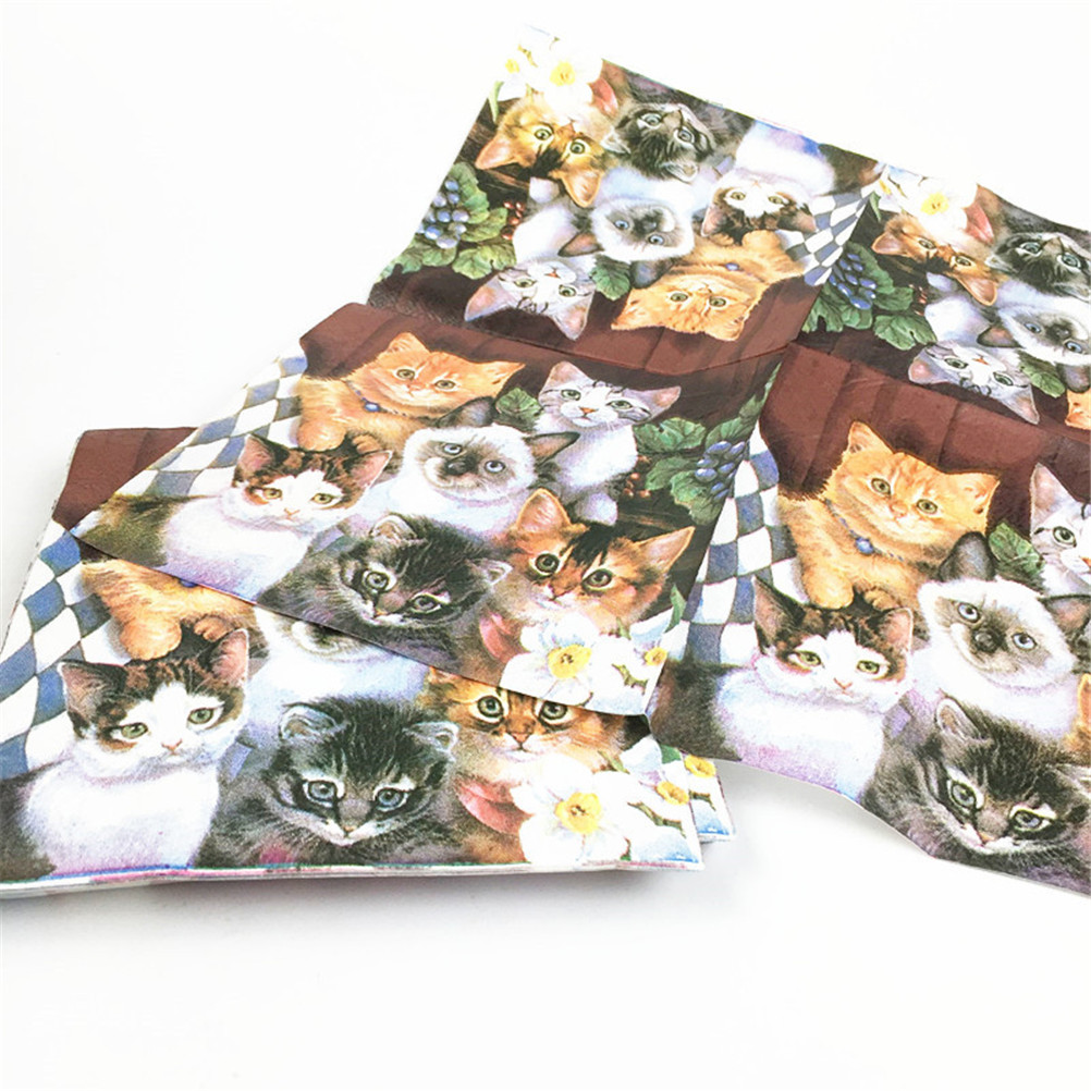 20sheet/bag Cartoon Disposable Napkin Cat Print Serviettes paper Party Tableware Decor 33cmx33cm