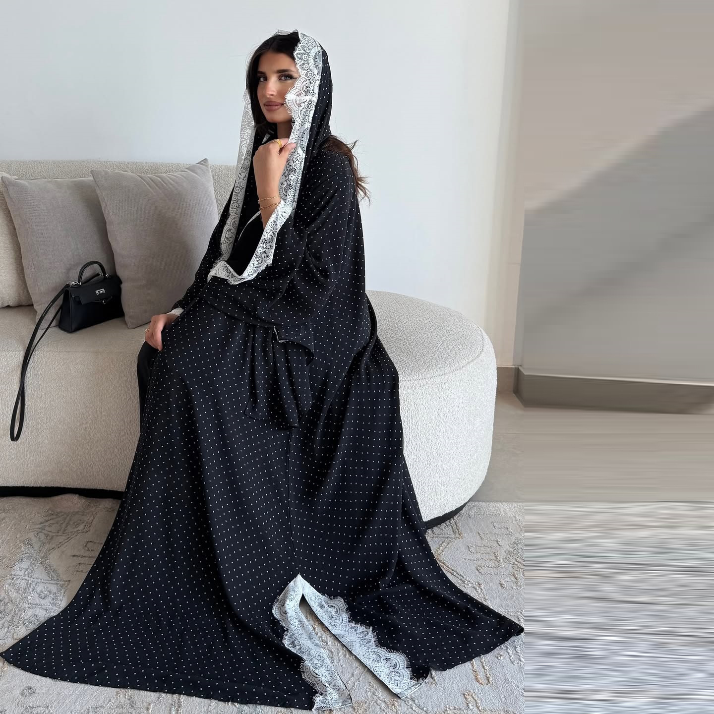 Lace Trim Polka Dot Abaya Set Detail