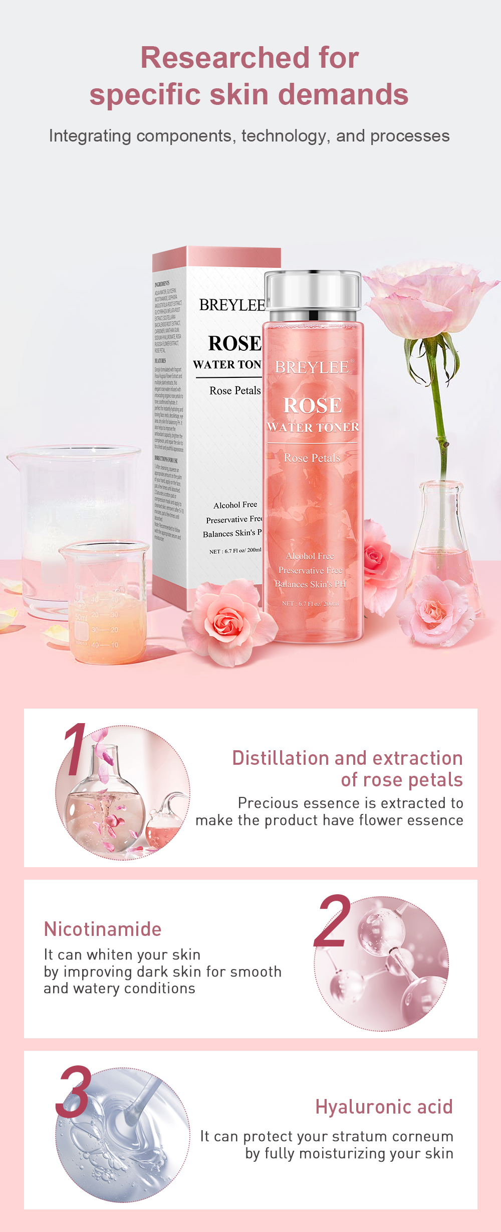Rose Water Toner Hyaluronic Acid Moisturizing Essence Is Suitable For Dry Skin To Shrink Pores And Tighten Skin200ml