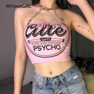 HEYounGIRL Printed Chains Choker Halter Sexy Backless Cropped Top Summer Sleeveless Women Tank Top Harajuku Pink Vest Camisole