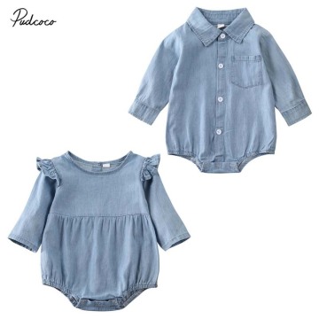 2020 Baby Spring Autumn Clothing Toddler Newborn Baby Girl Boys Denim Bodysuit Long Sleeve Solid Playsuits Solid Jumpsuit Outfit