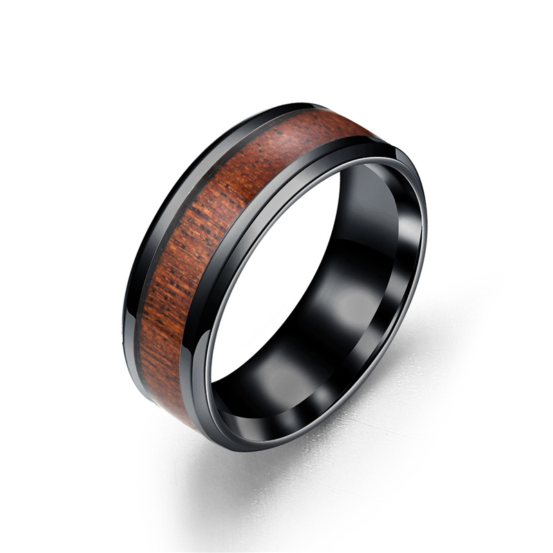 2019 New DropShip stainless steel wedding ring inlaid teak Woody jewelry titanium steel ring Size 6/7/8/9/10/11/12/13/14