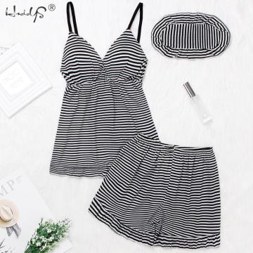 Women Stripe Sleepwear 3 Pieces Pyjamas Sets Sexy Sleeveless Cami+Shorts+ Eyes Masks Pajamas Set Sleep Lounge Pijama Pajama Suit