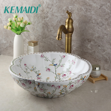KEMAIDI Ceramic Basin Spring Blossoms Design Washbasin Bathroom Sink Set Antique Brass Water Mixer Tap Faucet W/ Pop Up Drain