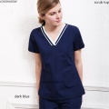 Women Scrub Top Short Sleeve Nurse Uniforms V Neck Cotton Doctor Workwear Dentist Costume Hospital Gown Big Pocket Nurse Uniform