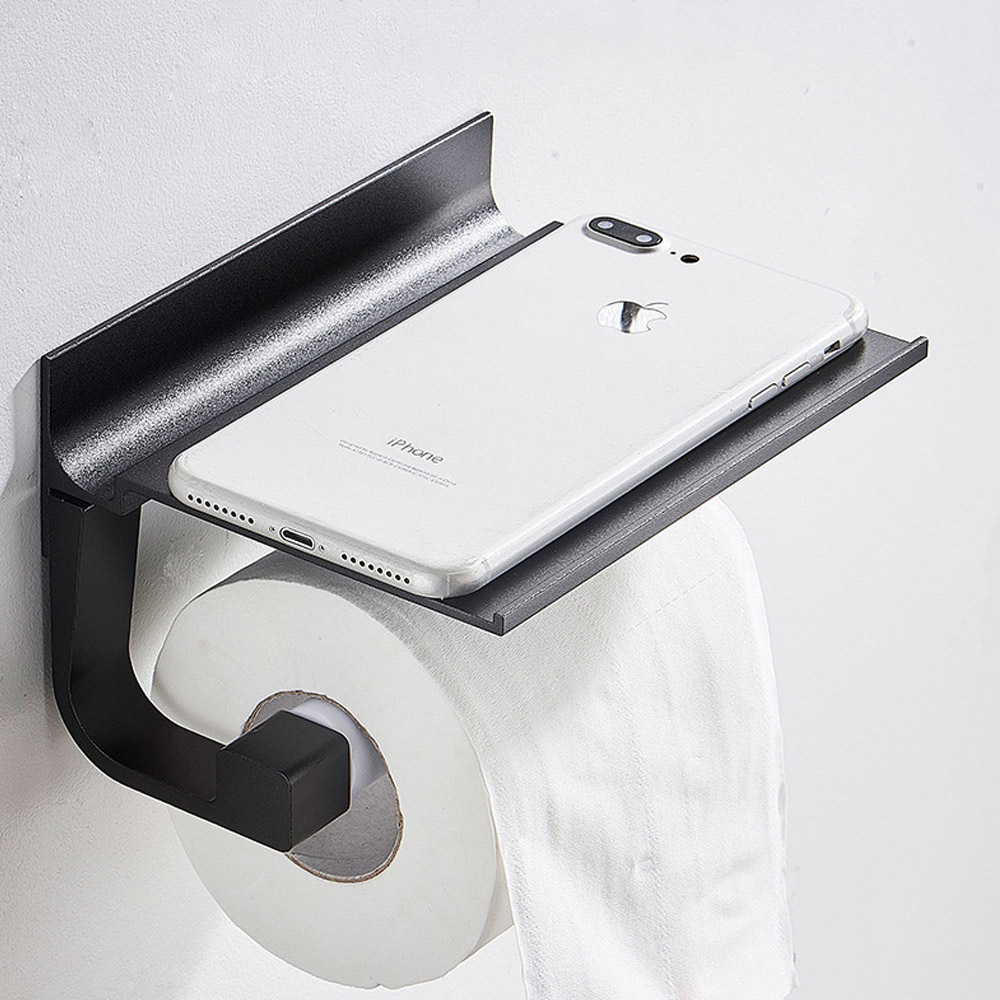 Punch-Free Bathroom Accessories Black Apace Aluminum Tissue Holder Wall-Mounted Toilet Paper Box Phone Rack