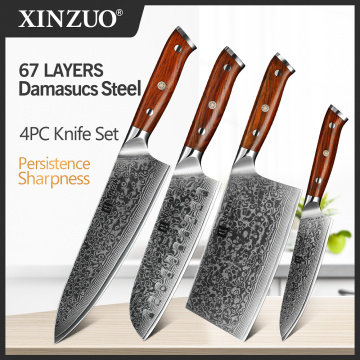 XINZUO 4PC Kitchen Knife Sets vg10 Core Damascus Steel Chef Santoku Utility Cleaver Knives Stainless Steel Slicing Meat Cutlery