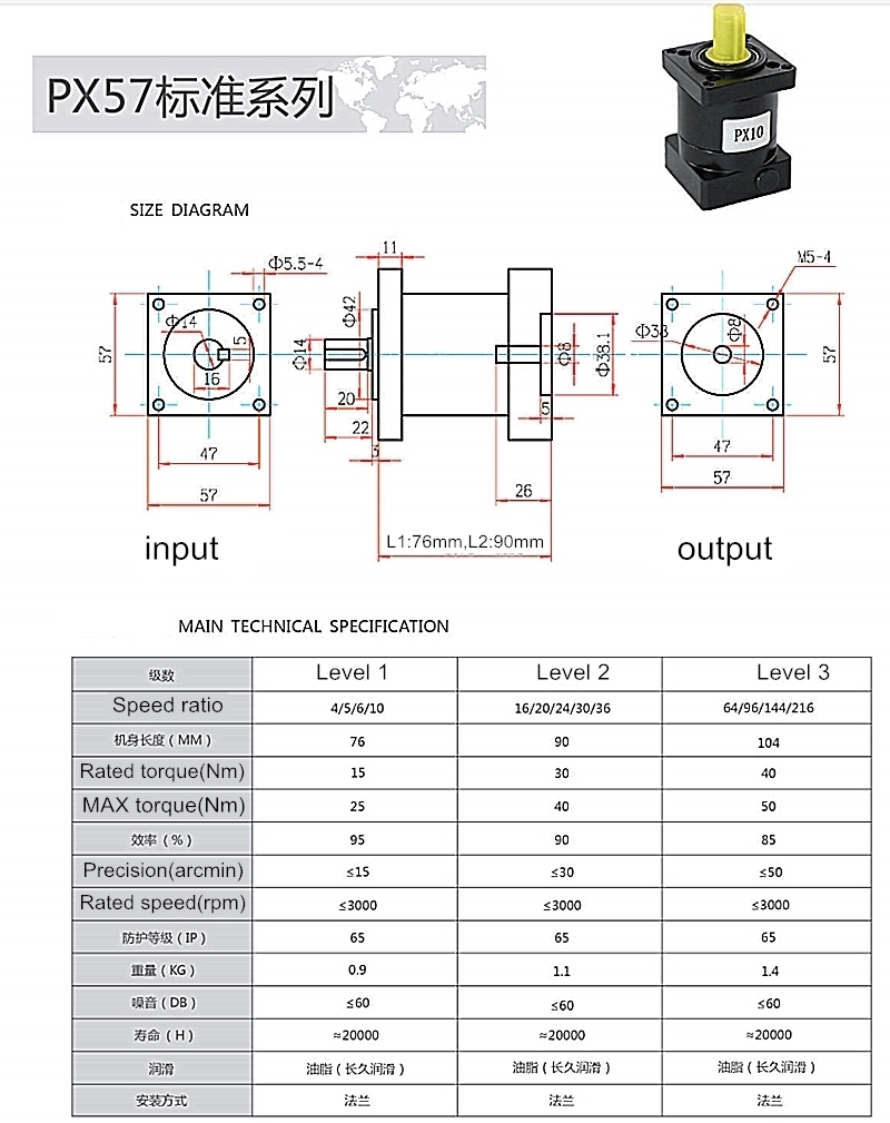 Nema23 planetary gearbox 10:1 ratio speed reducer 8mm input,15 arcmin 15Nm spur gearbox for nema23 stepper motor