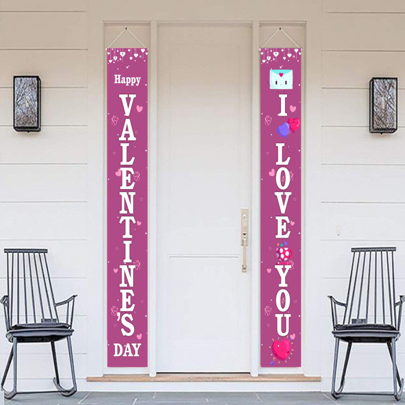 Door Banner Letter Heart Print Couplet Door Curtain Portiere Decorative Flags Cloth for Valentine's Day Festive Atmosphere Decor