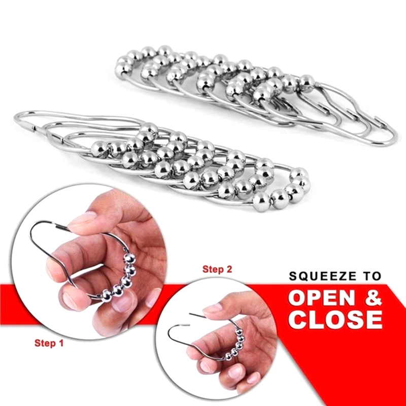 12 Pcs Stainless Steel Curtain Hooks Bath Curtain Rollerball Shower Curtain Rings Hooks 5 Rollers Polished Satin Nickel Ball